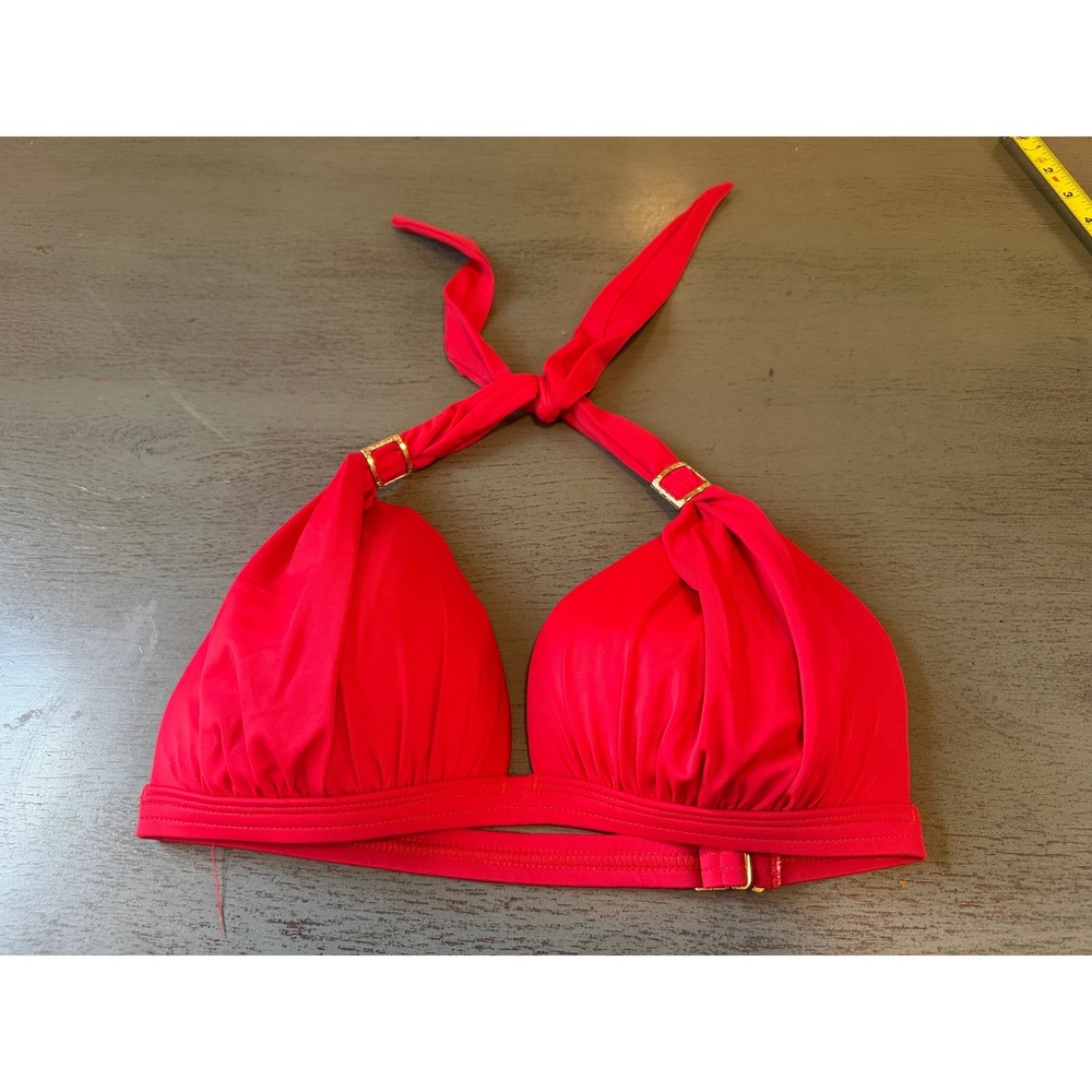Venus Red Halter Bikini Top Gold Hardware Molded Underwire Cup Size DD
